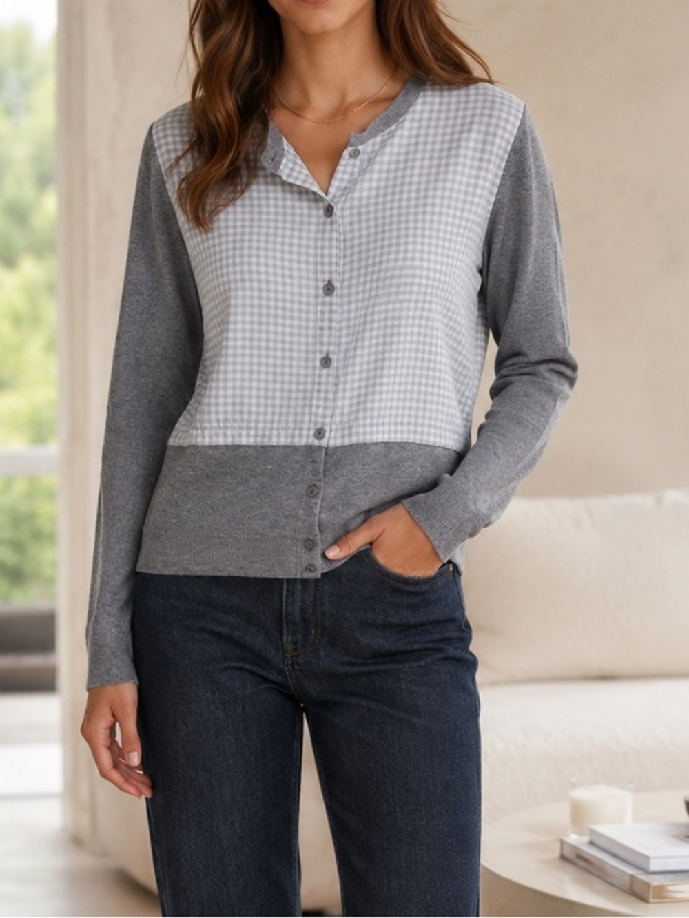 Marc Jacobs Blue‎ White Gingham & Grey Mix Media Cardigan Size Medium